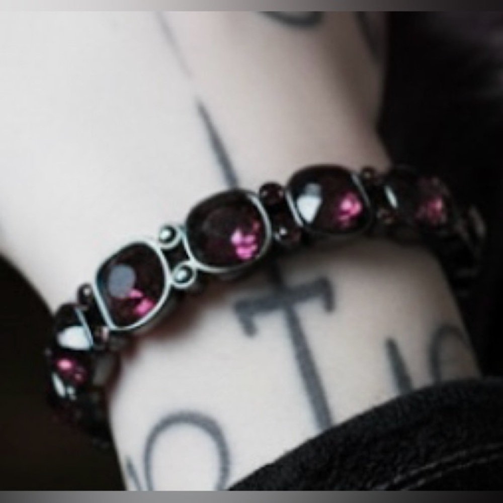Statement Goth Black Metal & Deep
Purple/Maroon Crystal Stretch Bracelet